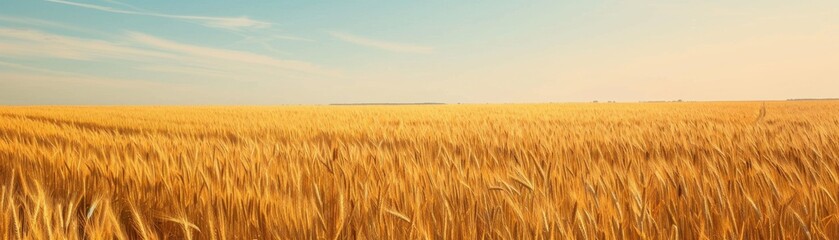 Naklejka premium Vast golden wheat field with a clear blue sky in the background.