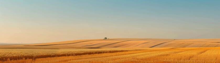 Fototapeta premium Golden wheat field with rolling hills and clear blue sky.