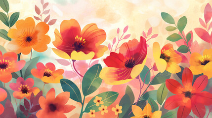 Obraz premium An artistic floral painting with various shades of red, orange, and green flowers on a light background.