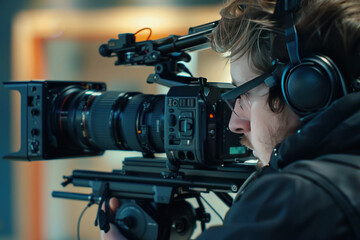 Video camera, videographer close up, cameraman, movie