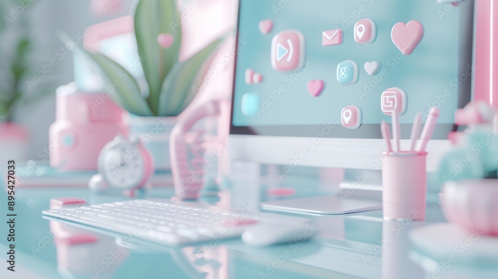 Poster a workspace with soft hues and social media icons, emphasizing target audience reach in a uniquely p