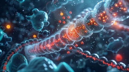 Obraz premium A magnified view of a toxic molecule interacting with a cell membrane, illustrating the harmful effects of toxins on biological systems.