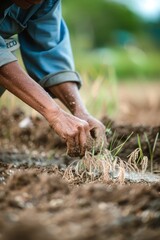 Asian rice farmer sowing rice seeds by hand, Generative AI