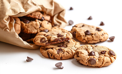 Fototapeta premium Chocolate chip cookies spilling out of a brown paper bag.