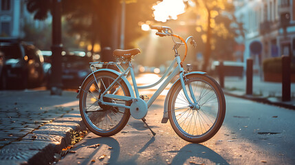 Electric bicycle parked in the city background. Generative AI illustration