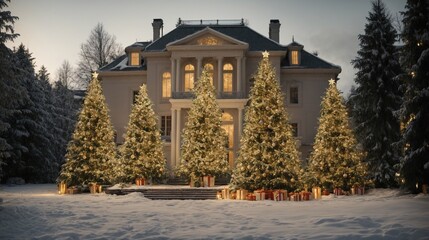 Christmas Estate Glow: A grand manor house adorned with twinkling lights, nestled amidst snow-kissed evergreens, emanates warmth and festive cheer on a magical Christmas Eve. 