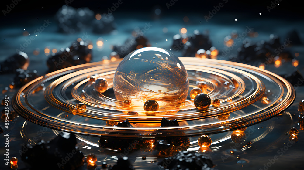 Poster a close-up of a crystal sphere resting on a set of concentric circles, with glowing orbs and reflect