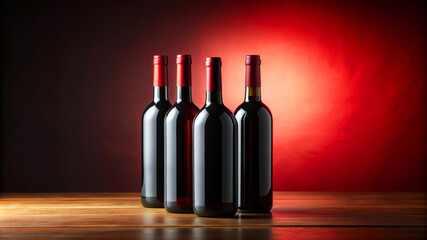 Three Bottles of Red Wine on Wooden Table Against Red Background.