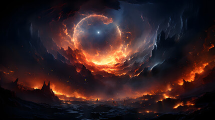 A fiery landscape with a glowing ring in the sky and a bright star. The ground is covered in jagged black rock with glowing red and orange lava flowing through it.