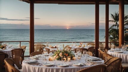 Romantic Beachside Dinner: A breathtaking sunset over the ocean sets the scene for an intimate and elegant dinner party, with tables adorned in soft white linens and romantic floral centerpieces. The 