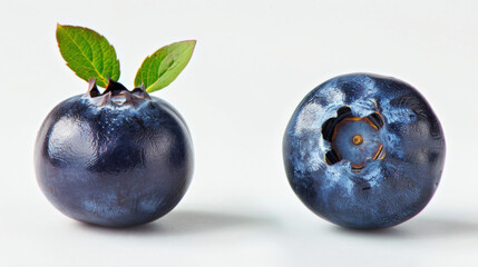 Front and top view of close up blueberry with white background