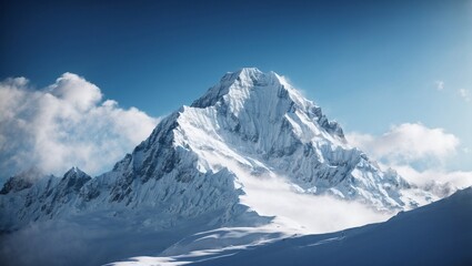 Naklejka premium Majestic Mountain Peak Reaching for the Heavens: A snow-capped mountain pierces through a blanket of clouds, bathed in the ethereal glow of the sun, evoking a sense of awe-inspiring grandeur and the i