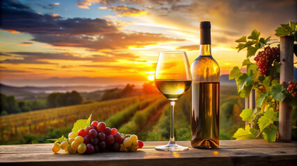 Wine and Grapes at Sunset in a Vineyard.