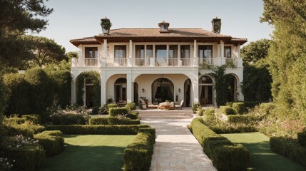 Obraz premium Mediterranean Estate Serenity: A grand white villa with lush gardens, capturing the essence of luxury living. 