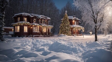 Naklejka premium Christmas Eve Serenity: Snow-blanketed houses glow with festive lights, a towering Christmas tree illuminating the winter wonderland. 