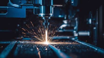 Industrial Laser Precision: A powerful laser cutter etches its fiery path, showcasing the cutting-edge technology in manufacturing. 