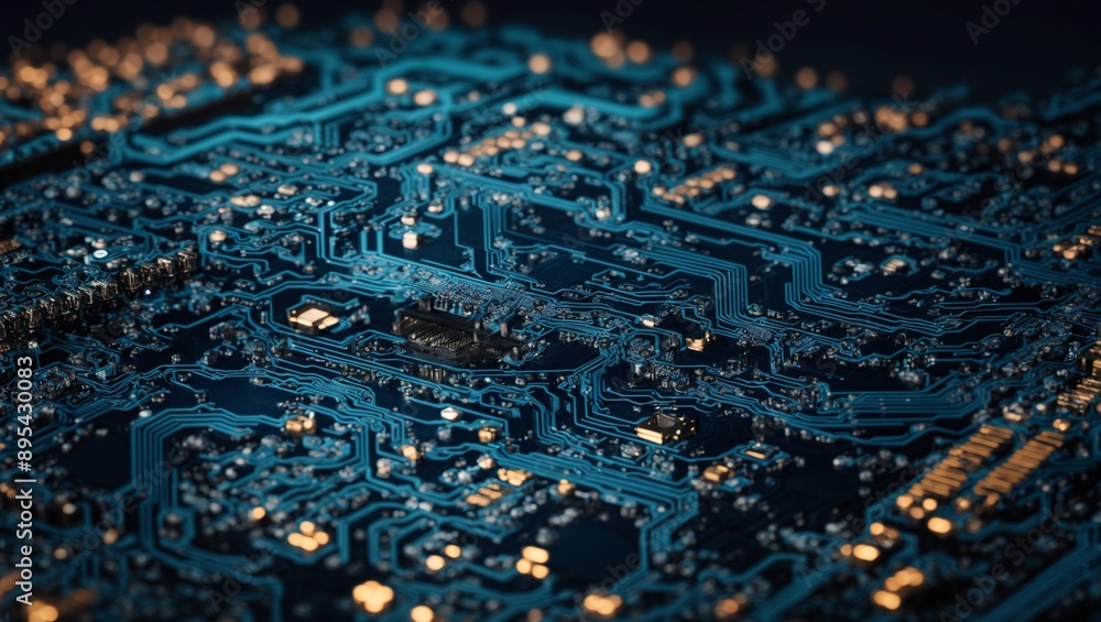 Poster abstract circuitry: a mesmerizing close-up of a blue circuit board, revealing intricate patterns and
