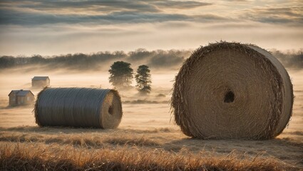 Golden Sunrise Over Hay Bales: Tranquil morning mist settles over a harvested field, bathing hay bales in the warm glow of sunrise. 