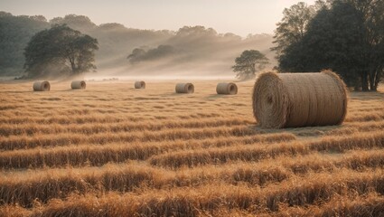 Fototapeta premium Golden Dawn on the Hayfield: Tranquility reigns as the sun rises over a misty field, casting a warm glow on rows of hay bales 