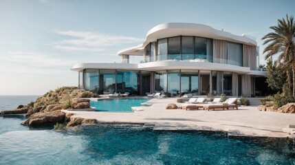 Fototapeta premium Coastal Opulence: A Modern Masterpiece Embracing the Mediterranean Sea 