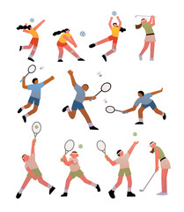 Collection of Sport People Illustrations. Perfect for Athletic and Fitness Designs. Active Icons. Runners, Cyclists, Swimmers, Gymnasts. Isolated Flat Vector Art.