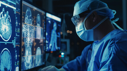 A surgeon in a surgical room analyzing medical scans on a large monitor.