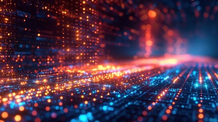 Naklejka premium Abstract technological background with a network of glowing data points and connections, set against a sleek, dark digital backdrop