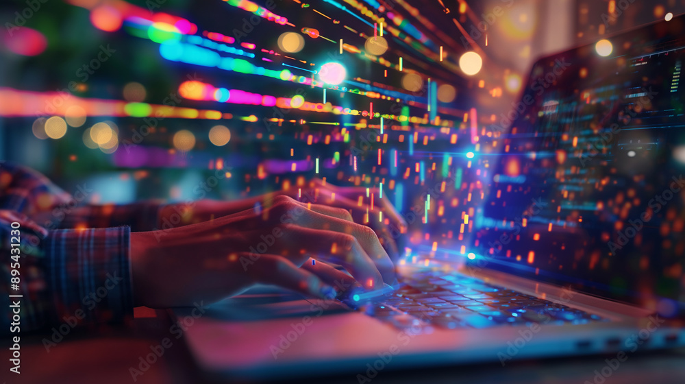 Poster hands typing on a laptop with a futuristic digital data overlay.