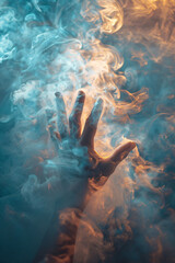 A man's hand emerges from the smoke and light, creating a mysterious and captivating atmosphere. It can be used for artistic and conceptual purposes.