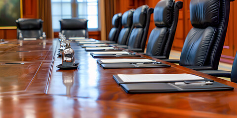 Conference table with office supplies and notepads