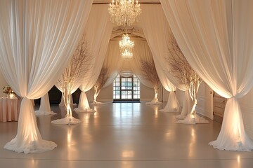 Elegant backdrop wedding ceremony decor with draped beige fabric and crystal chandeliers, ballroom, hotel lobby. Photographic resources. Boho.