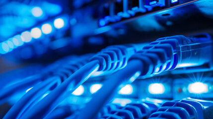 Close-up of blue network cables connected to a server.