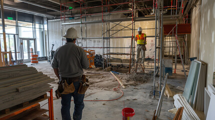Construction worker in a hard hat observing progress at a building site.
