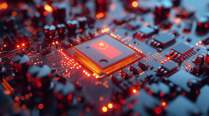 A computer microchip with the Chinese flag on a circuit board.