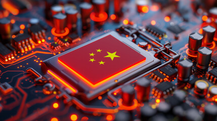 A computer microchip with the Chinese flag on a circuit board.
