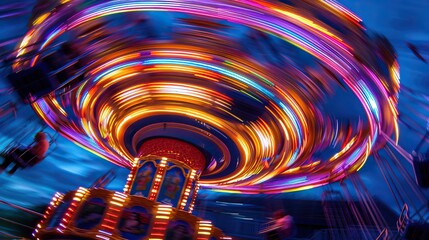 Bright colorful spinning amusement park ride at night with motion blur