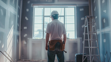 A construction worker in a hard hat at a building renovation site.