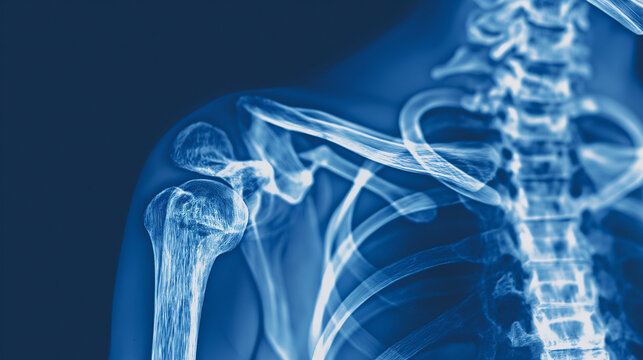 X-ray image of a shoulder and collarbone highlighting the skeletal structure.