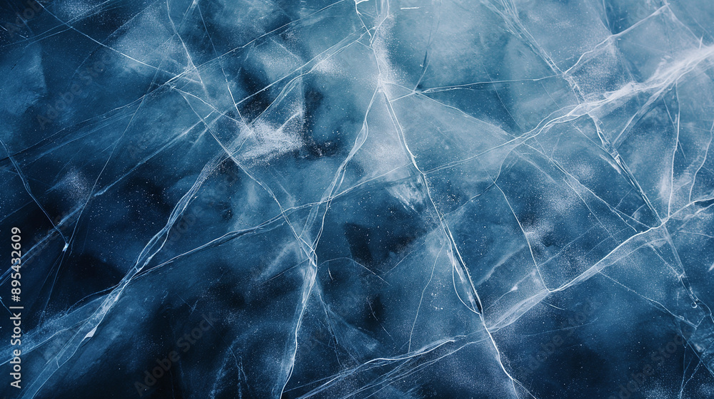 Poster a close-up view of a cracked ice surface with intricate patterns.