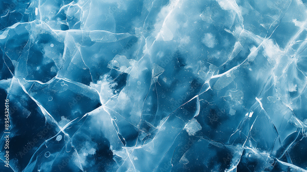Poster a close-up view of a cracked ice surface with intricate patterns.