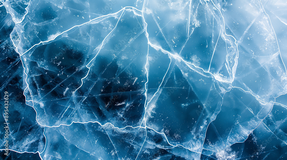 Poster a close-up view of a cracked ice surface with intricate patterns.