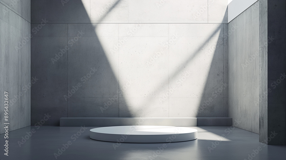 Poster a minimalist circular platform in a concrete room with sunlight streaming through a large window.