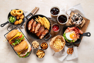 Assorted of american junk food assortment.