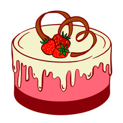 strawberry cake with white cream and chocolate. festive baking with berries for a holiday, anniversary, birthday, memorable event. Sketch style illustration