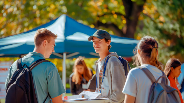 University students gather outdoors on campus with autumn foliage and a blue tent in the background. World Access to Education Day - International Day of Education - International Students' Day