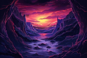 Mystical landscape with vibrant sunset over towering rock formations and tranquil river