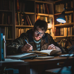 student studying in library male college boy with glasses