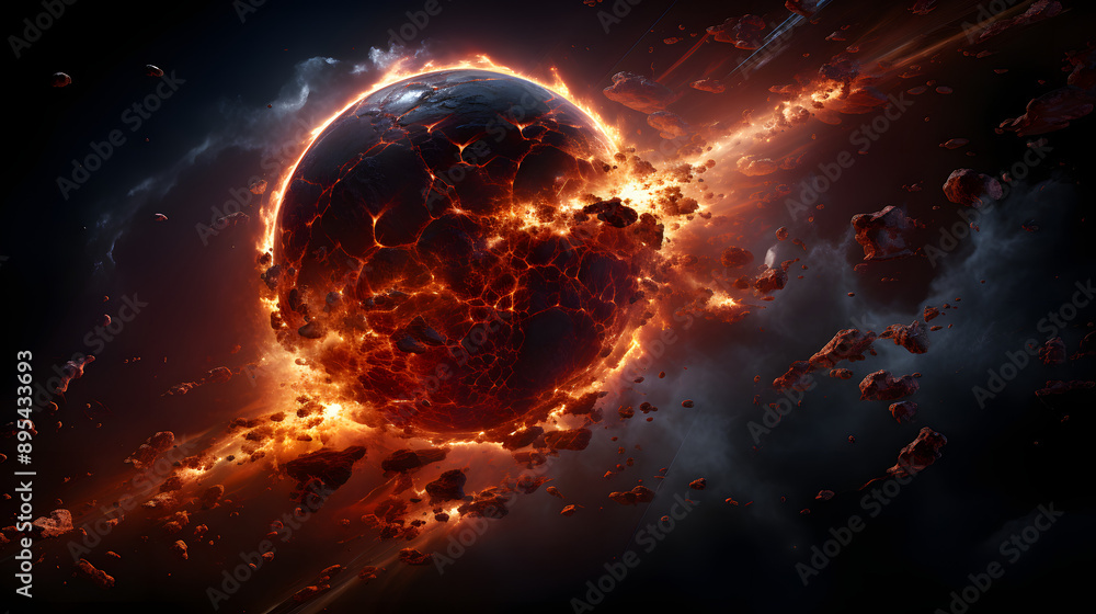 Poster a fiery planet explodes in a shower of glowing rock and debris, the intensity of the explosion illum