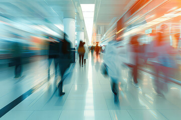 Doctors and medical staff walk down in hospital, Busy corridor in medical clinic with motion blur effect