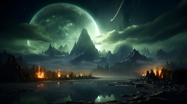 A dramatic landscape with tall, jagged peaks reflected in a dark, glassy lake.  A glowing green moon hangs in the night sky above the horizon.